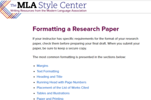 Screenshot of The MLA Style Center Writing Resources from the Modern Language Association Website