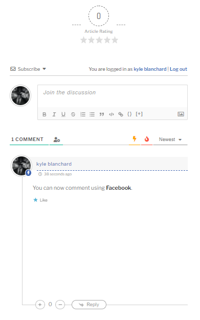 A sample comment on kylecblanchard.net using Facebook (the link opens in a new tab) account social login