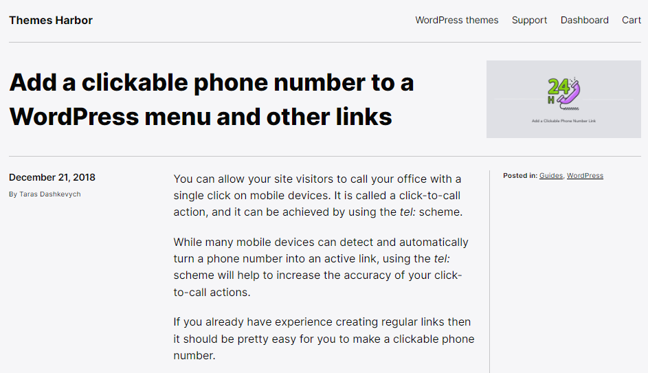 Screenshot Source: https://themesharbor.com/adding-a-clickable-phone-number-to-your-wordpress-menu-and-other-links/ Screenshot (accessed) by Kyle C Blanchard on Tuesday, March 21, 2023